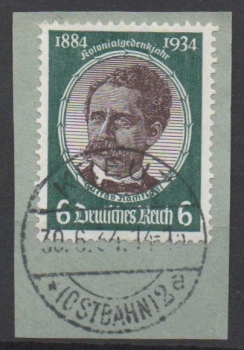 Michel Nr. 541, Kolonialforscher mit Ersttagsstempel auf Briefstück.
